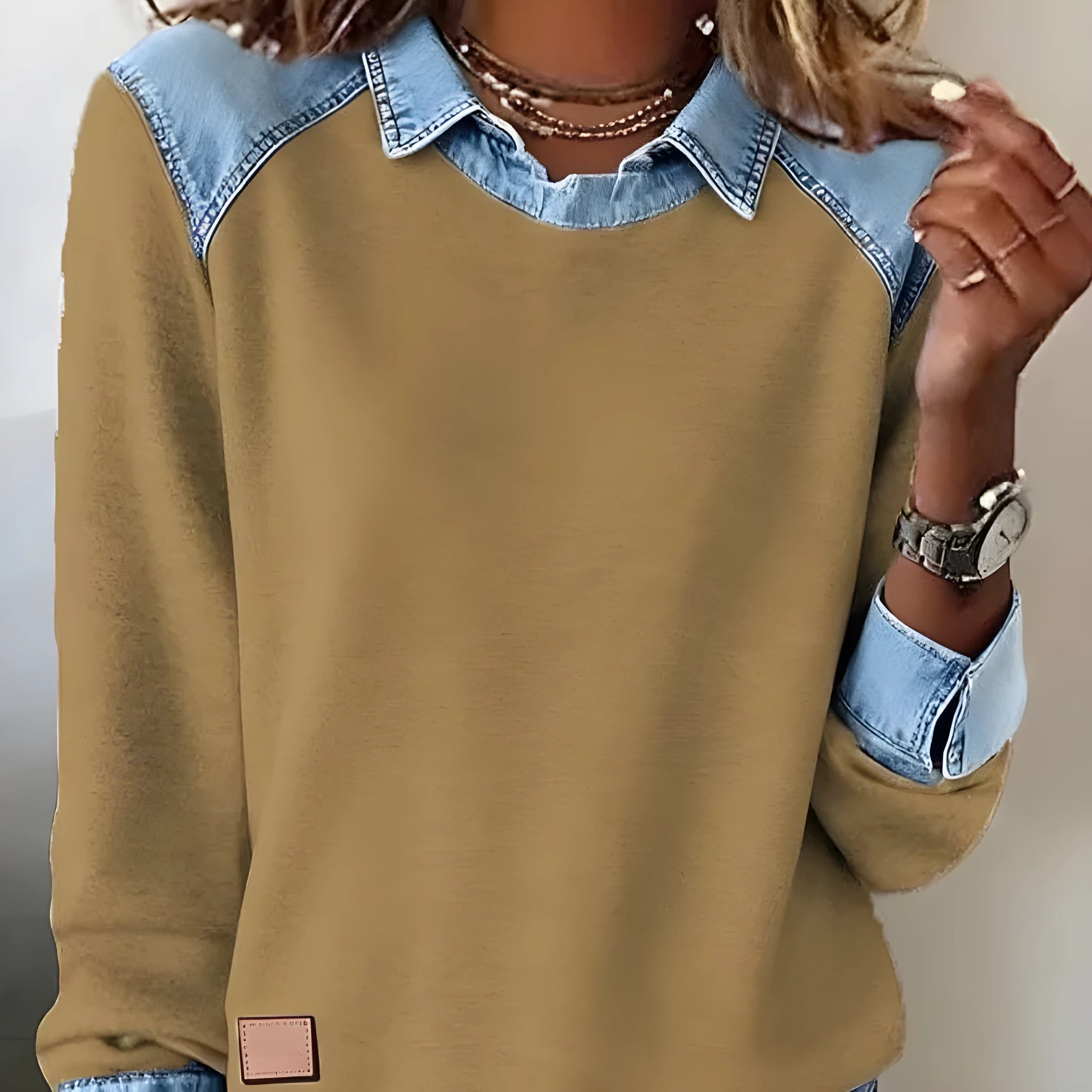 Denim collar long sleeve pullover patchwork knitwear top in solid colour street fashion style, polyester fibre, multiple colour options
