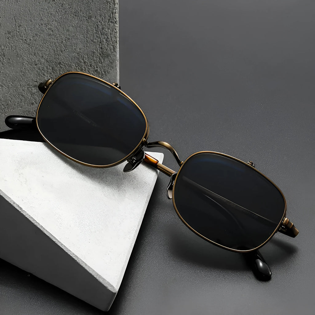 Pure titanium retro polarized sunglasses with black and grey lens, gold frame, box shape