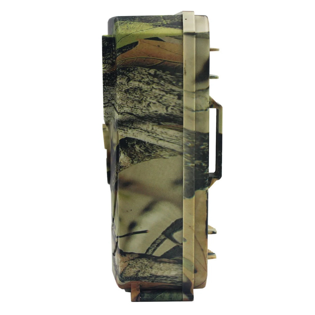 Yellow brown plastic hunting game camera with wide lens showing dimensions 135x90x55mm