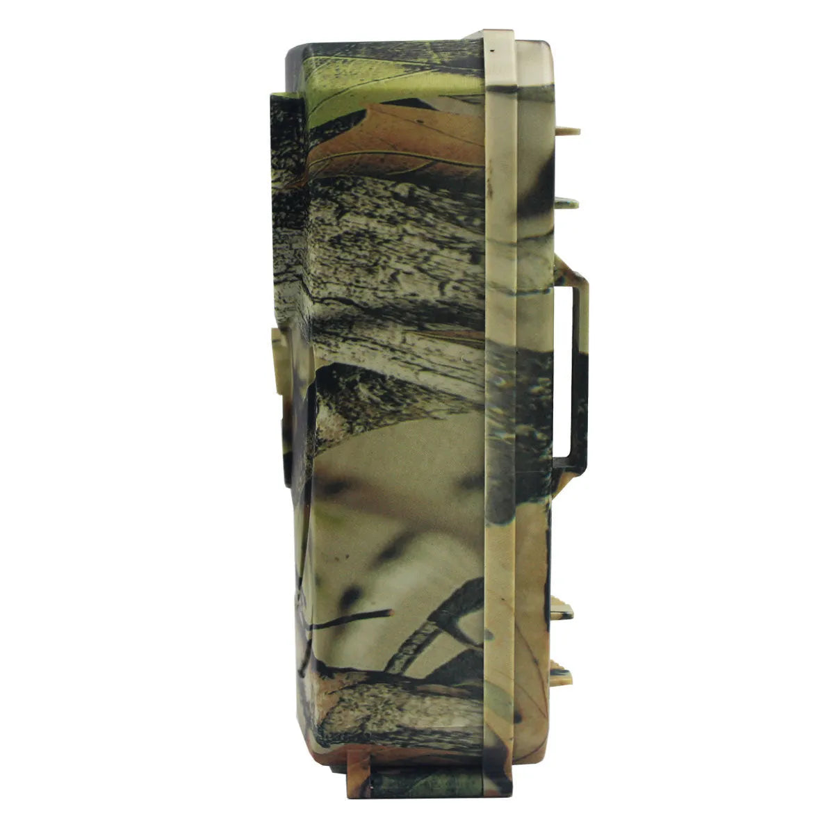 Yellow brown plastic hunting game camera with wide lens showing dimensions 135x90x55mm
