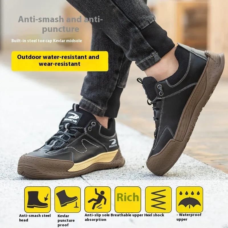 A pair of Flyknit safety work shoes with a leather upper and rubber sole, shown in a neutral colour.