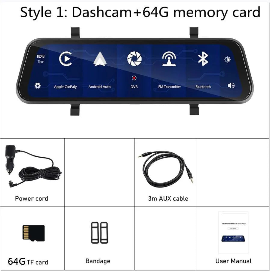 9.66-inch HD car dashcam and reversing camera system with mounting kit on a table