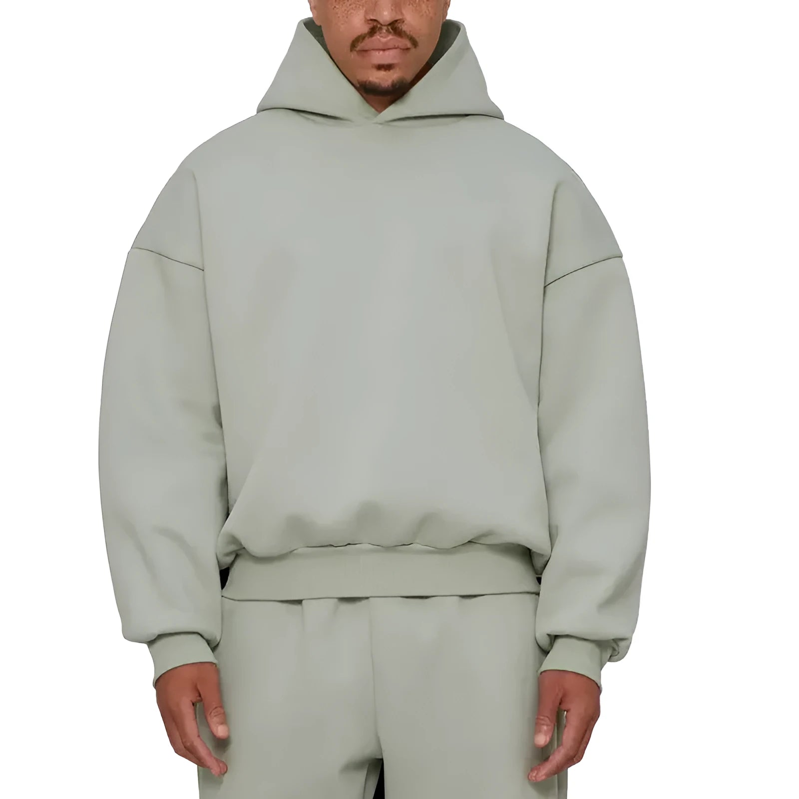 A man's solid-colour fleece-lined cotton hoodie with a wool interior, shown in a casual setting.