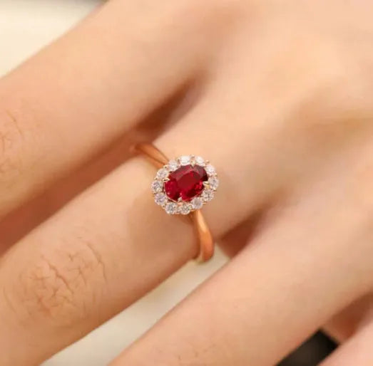 Women's sterling silver ring with gold pigeon red blood gemstone floral inlay