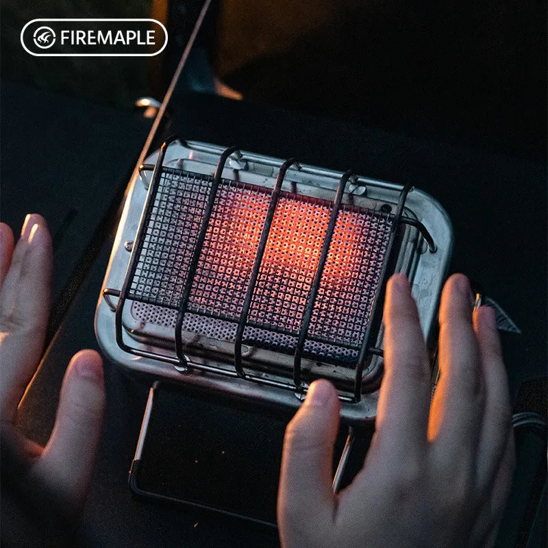 Outdoor heating stove with voltage regulator showing metal construction and compact folded design