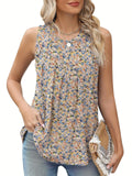 Black plus size sleeveless vest with floral print, showing loose fit and round neckline on a hanger.