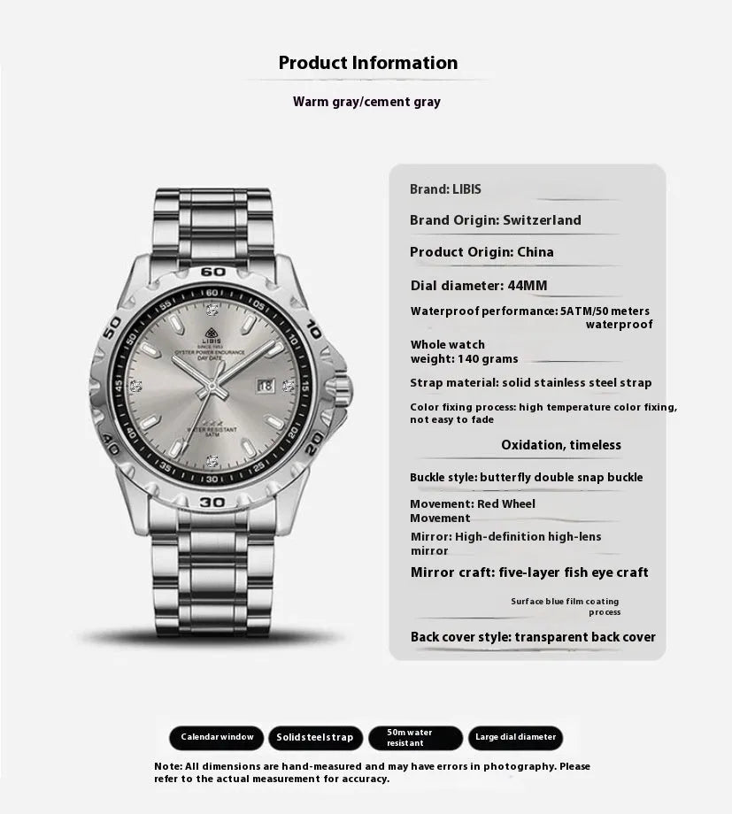 Silver men's quartz watch with luminous hands and stainless steel strap on wrist