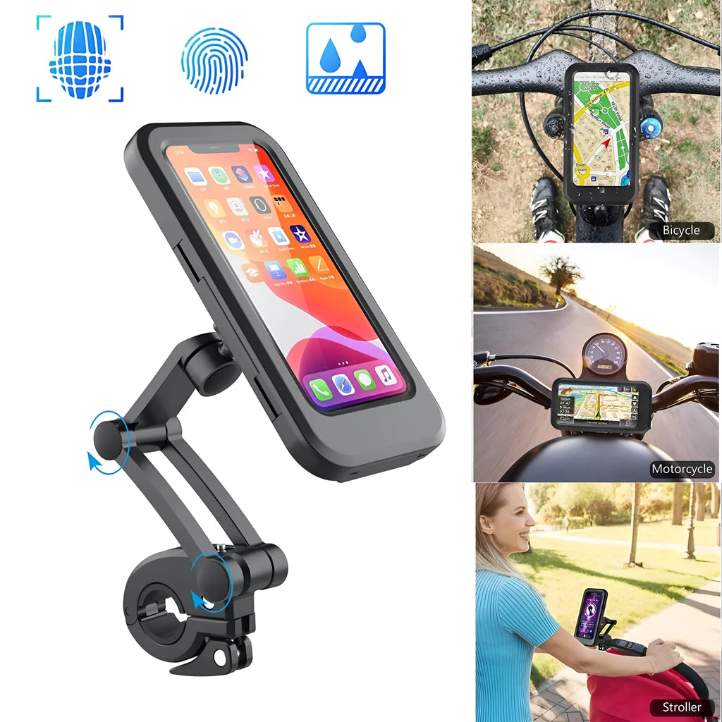 Black waterproof bicycle motorcycle phone holder with adjustable joints and magnetic suction on handlebars