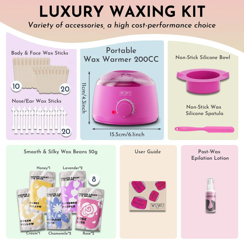 WUWUVISTA 63-piece waxing kit with black wax warmer, wax beads, lotion, and applicator sticks