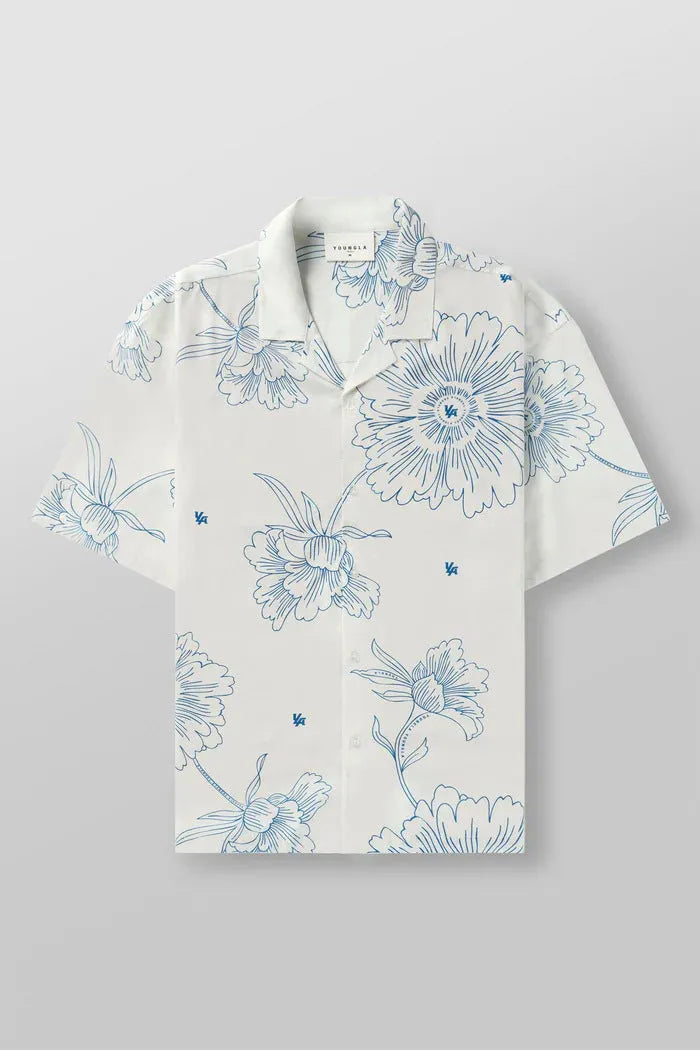 Men's loose-fit short sleeve top with floral print in light colour, laid flat.