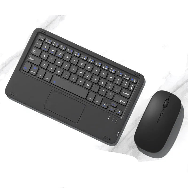 Pink Bluetooth touch keyboard and mute wireless mouse combo with USB charging cable on white background