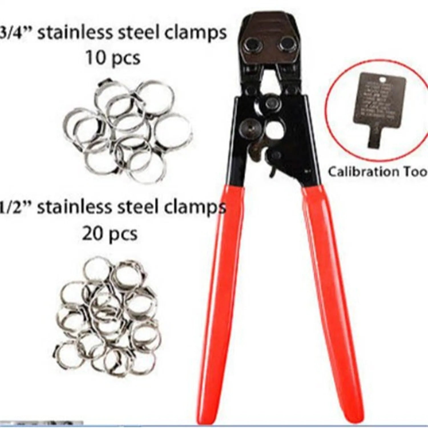 Red cloth finished metal single ear hose clamp next to a carbon steel cutting tool on a workbench.
