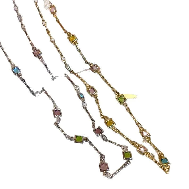 Square colour geometric clavicle chain necklace in gold finish with artificial crystal details