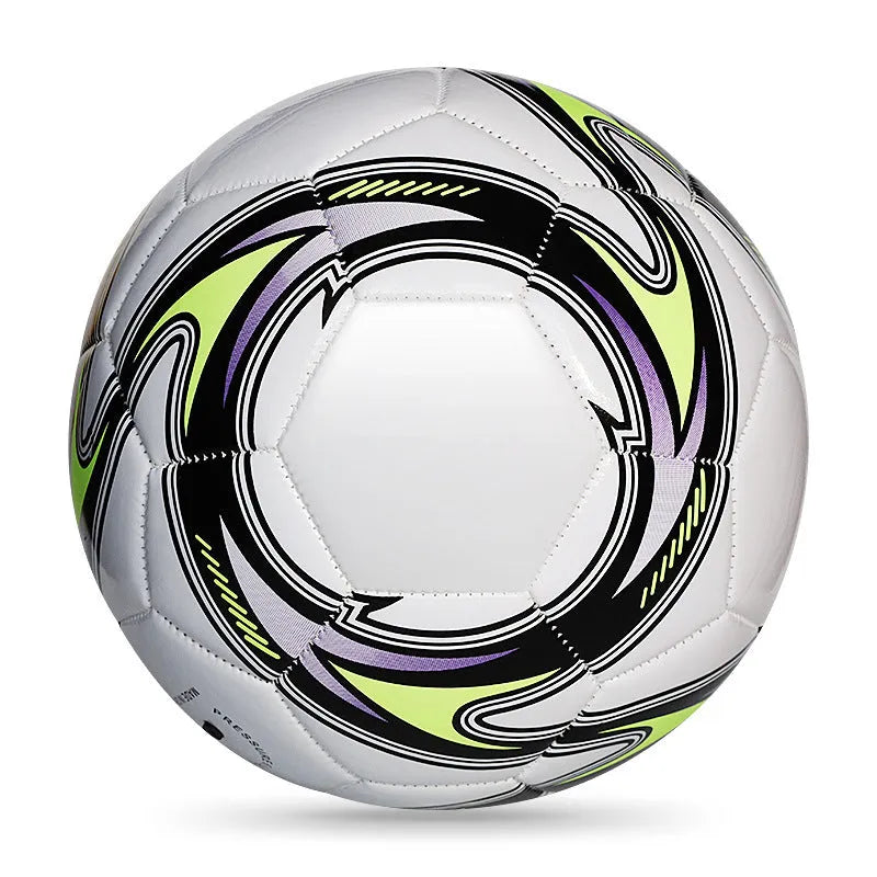 PVC machine-seam football in multiple sizes and colours including Tornado Blue, Black And White, and Red Dragon Roll designs.