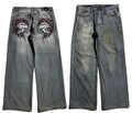 Men's grey washed-out American retro denim jeans with wide-leg workwear design and straight-leg cut