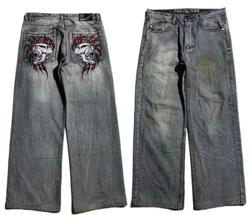 Men's grey washed-out American retro denim jeans with wide-leg workwear design and straight-leg cut