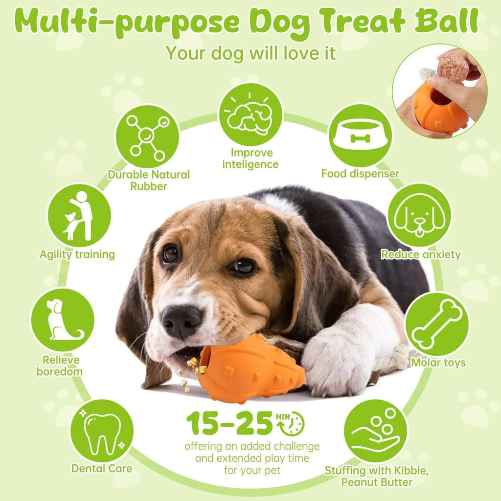 Natural rubber stuffable dog toy for small medium breeds with longer strap for fetch and treat dispensing