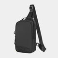 Casual black camouflage chest pack with a soft handle and single strap, showing internal phone pocket.