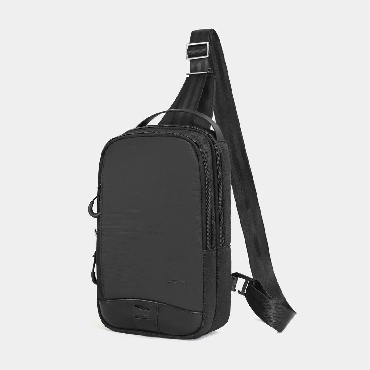 Casual black camouflage chest pack with a soft handle and single strap, showing internal phone pocket.