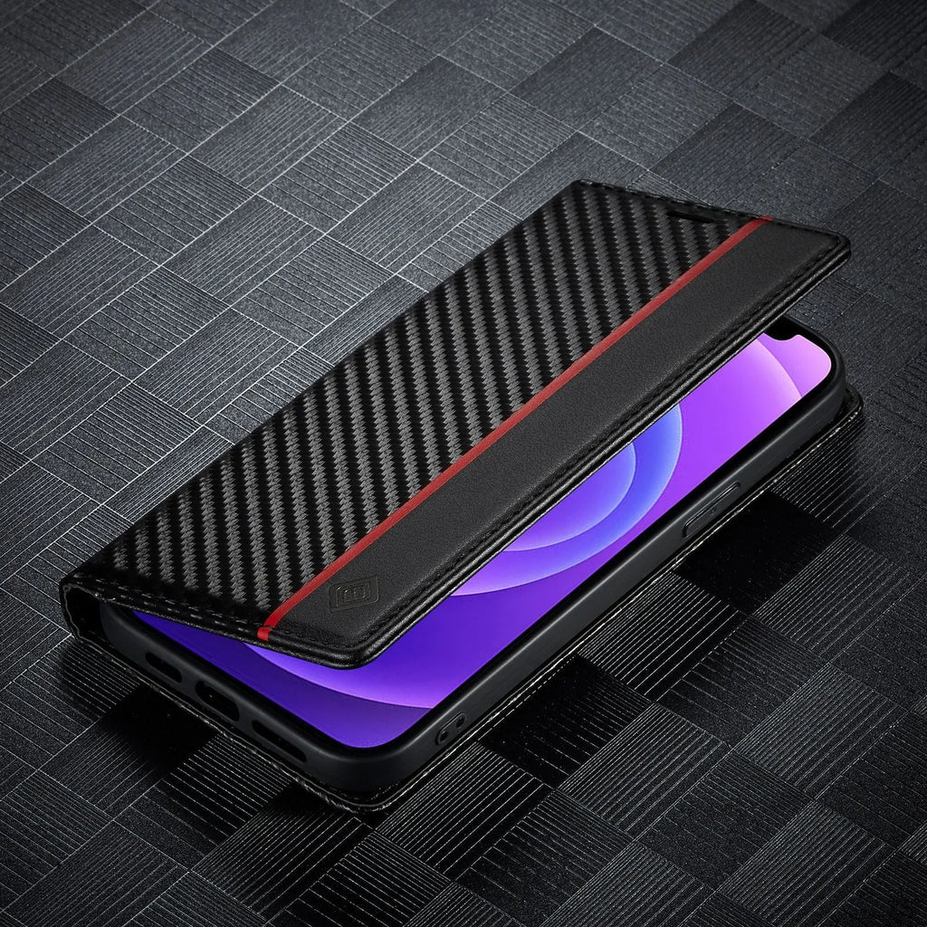 Flip phone case with kickstand and magnetic closure in black horizontal bar style for iPhone