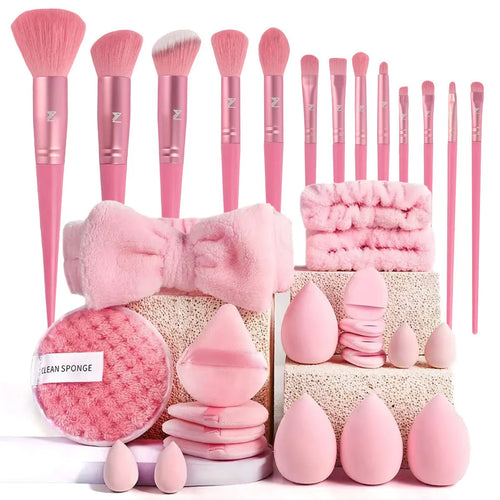 Beauty tool combination set with multiple pieces in brown, pink, and purple colours for face wash and makeup application