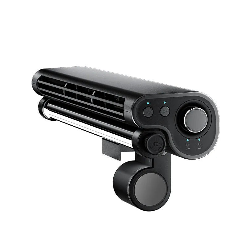 Black bladeless USB fan clipped onto a laptop screen, with an integrated lighting lamp.