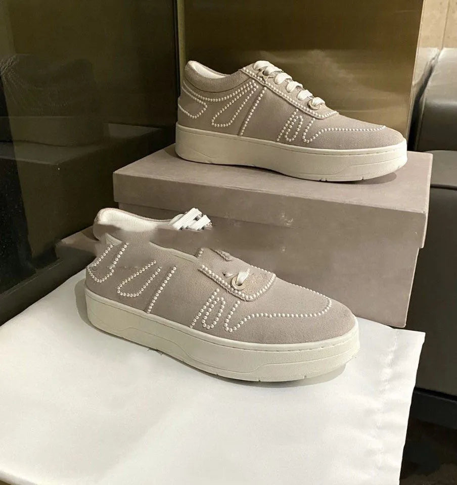 Pearl sequin lace-up platform casual white shoes with cowhide upper and breathable design