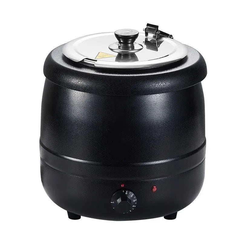 Black 10-litre stainless steel insulation pot with a large mouth and steel cover, shown with an adapter plug.