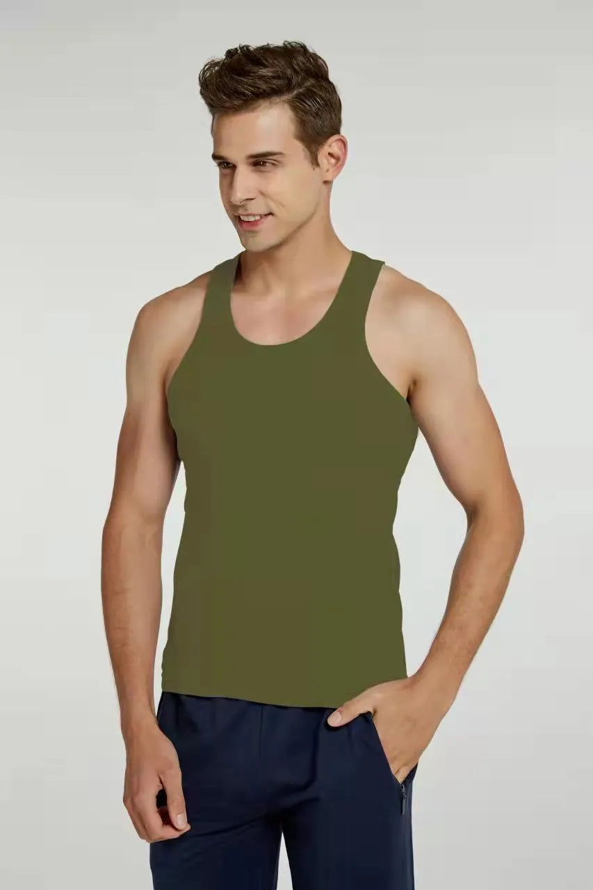 Men's pure cotton slim fit sports vest in white, front view, with stretch fabric for breathable underwear