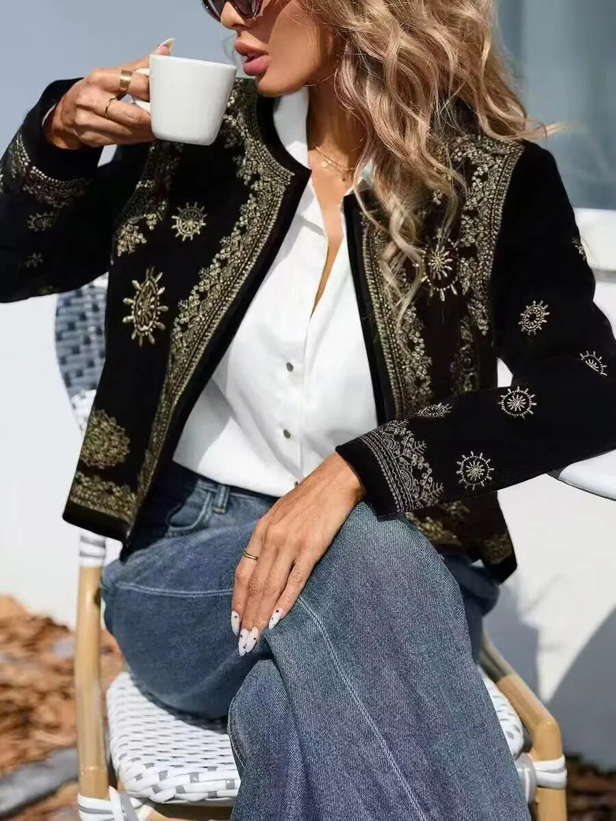 Women's casual coat round neck hooded printed long sleeve British style milk silk fabric sizes S to XXL