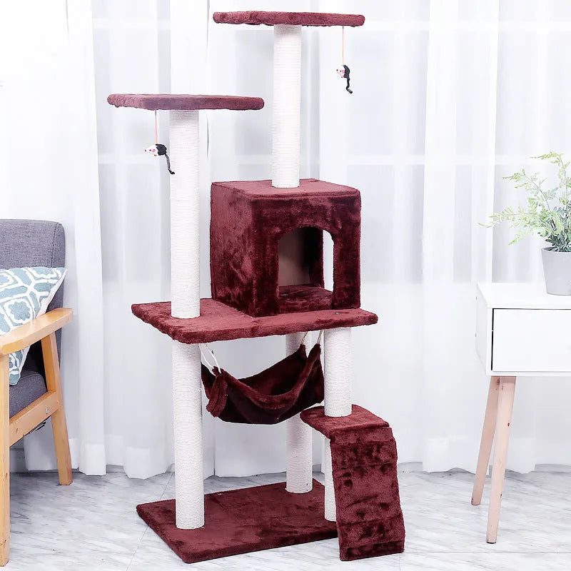 125cm cat climbing frame with soft wool cloth cover, beige colour, with nest and tray