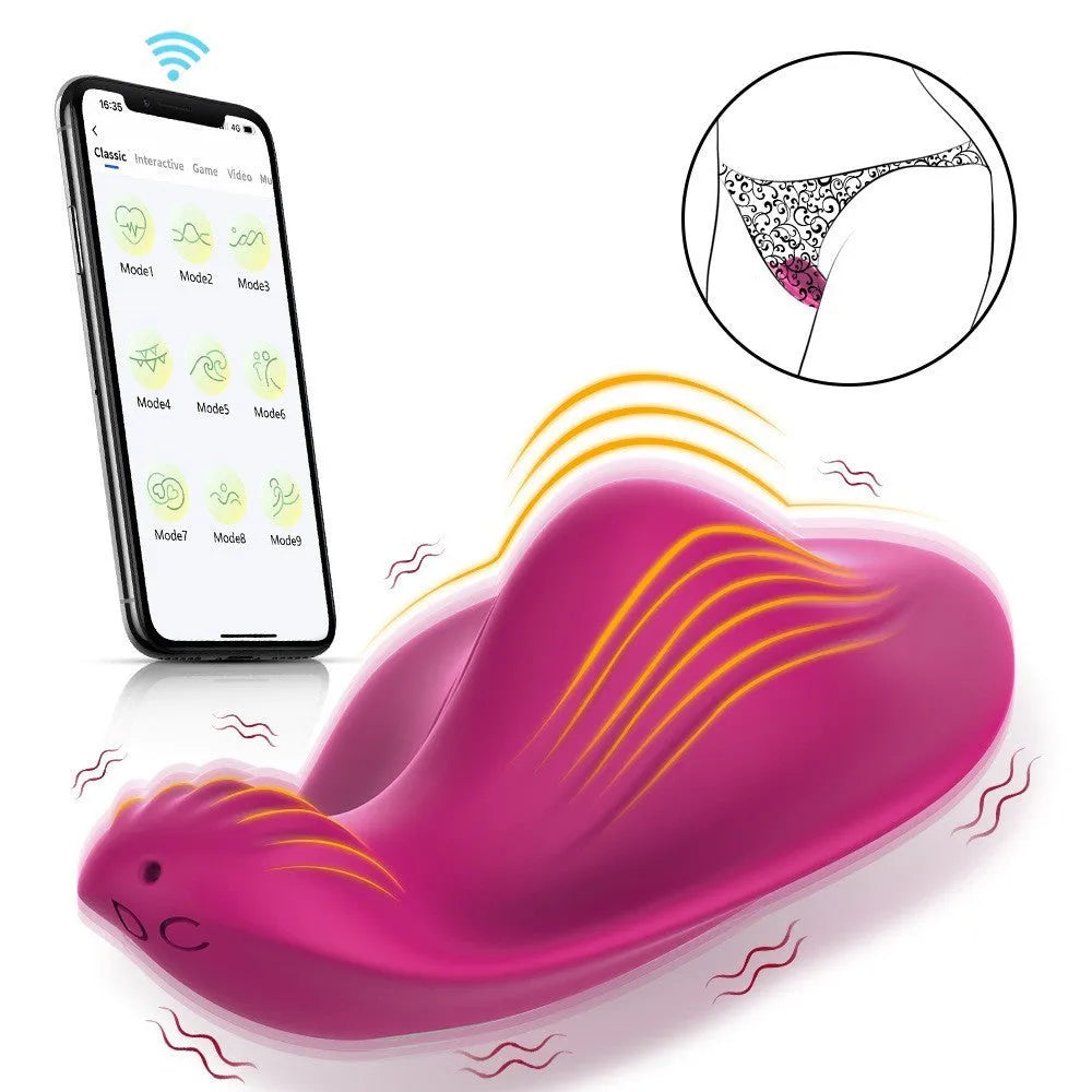 Rose red silicone wearable butterfly vibrator with remote smartphone app control.