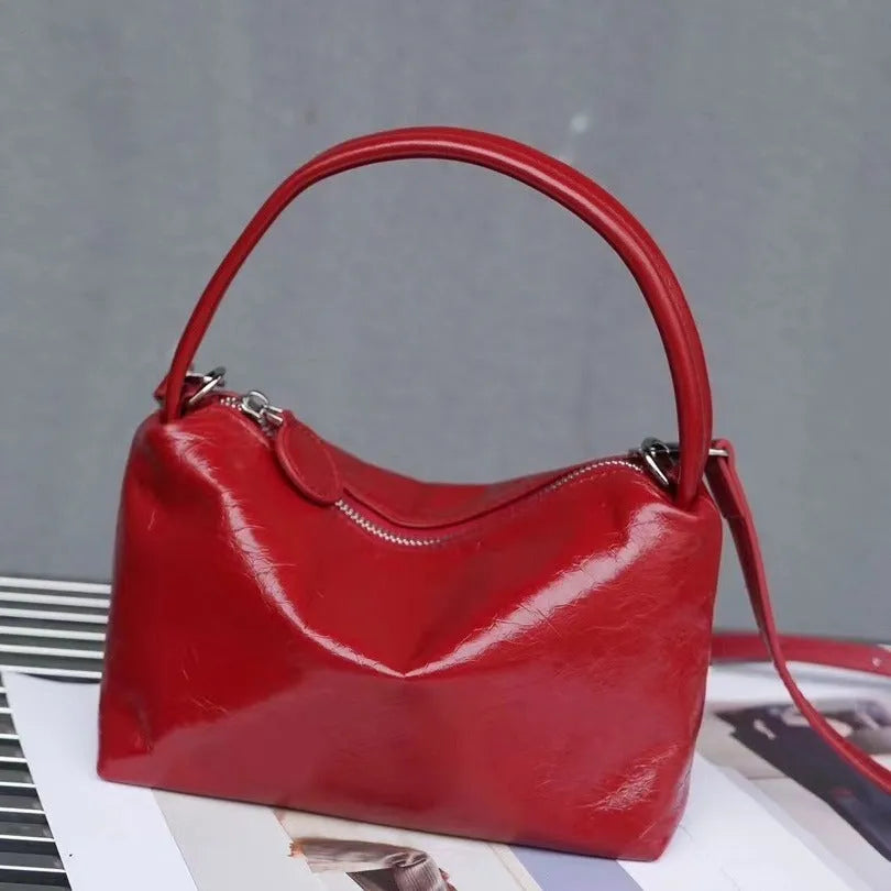 Genuine leather patent gloss shoulder bag horizontal square 19x7.5x14cm black colour