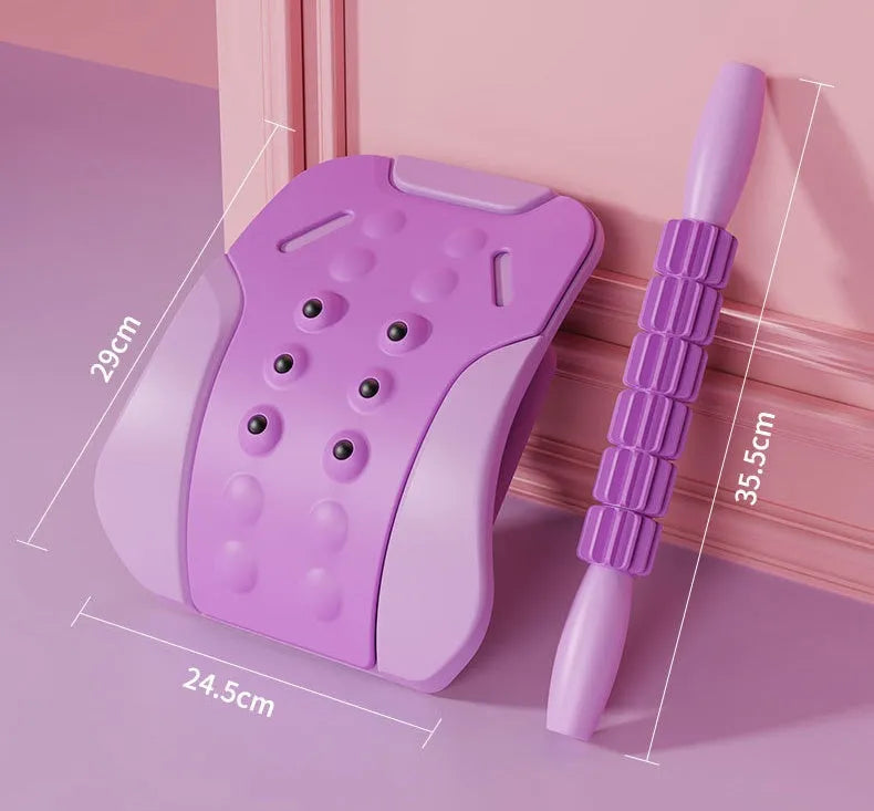 Lumbar traction tensioner in pink PP and EVA construction for yoga and fitness back stretching