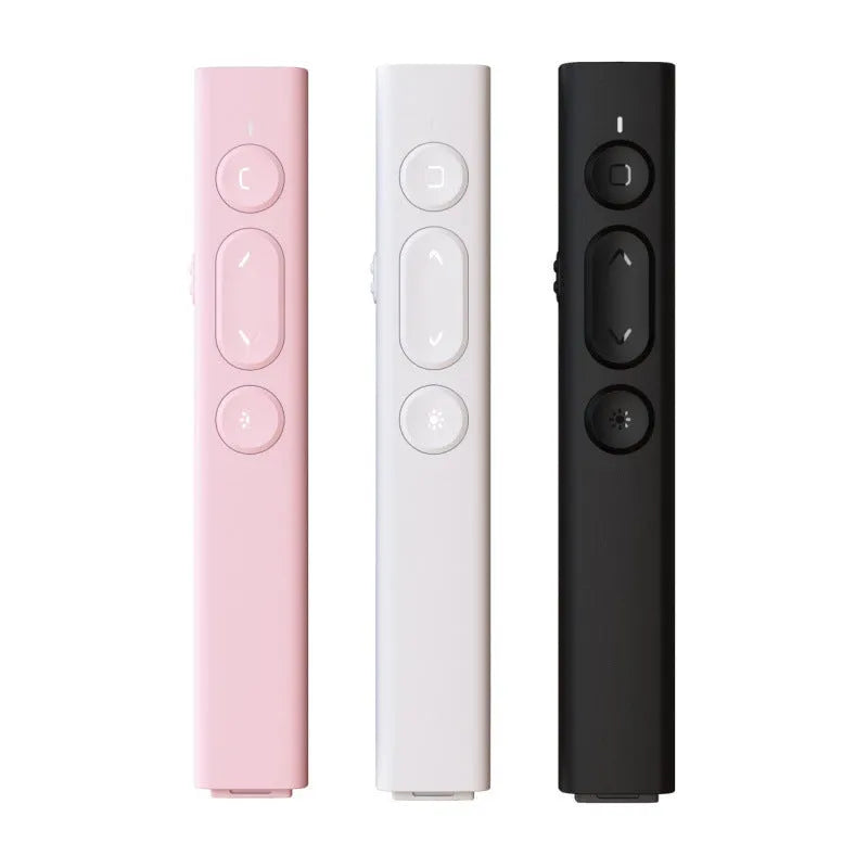 A black and white remote control pen for PowerPoint presentations next to its USB receiver and charging cable.