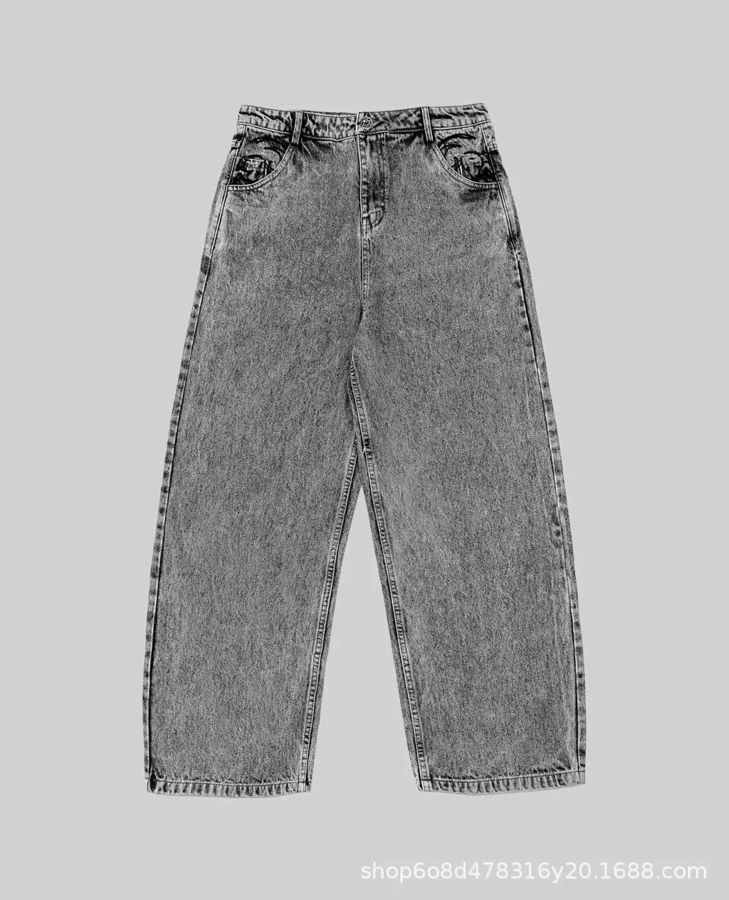 Grey loose-fit straight-leg denim trousers for men laid flat, showing mid-waist and straight-leg cut.