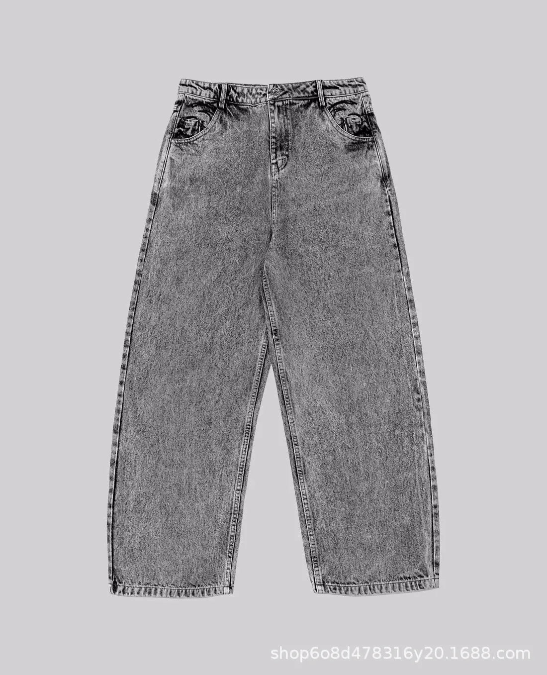 Grey loose-fit straight-leg denim trousers for men laid flat, showing mid-waist and straight-leg cut.
