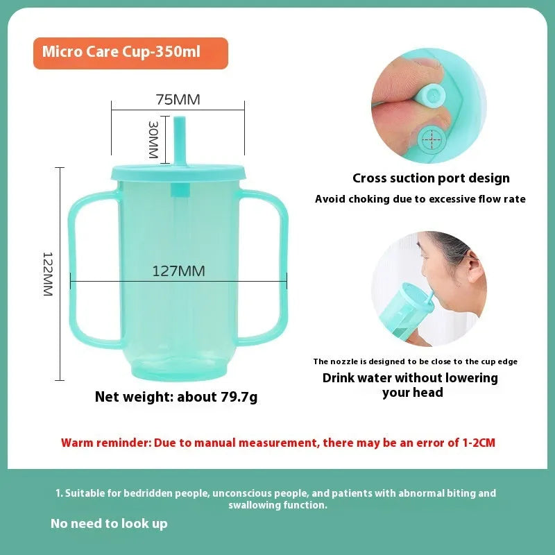 Oblique mouth choke-proof plastic drinking cup with handle and lid for elderly and pregnant adults.