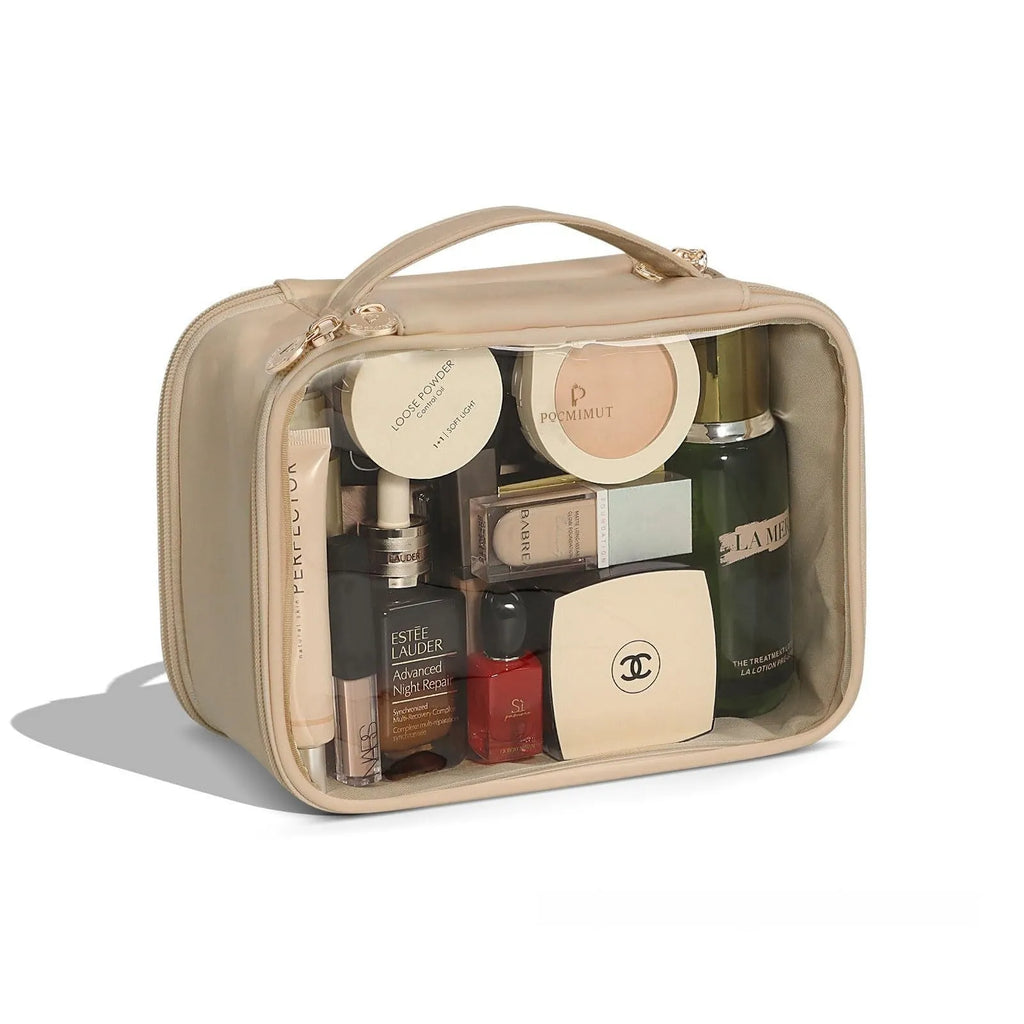 Transparent PVC cosmetic bag with dry-wet separation compartments in multiple colour options