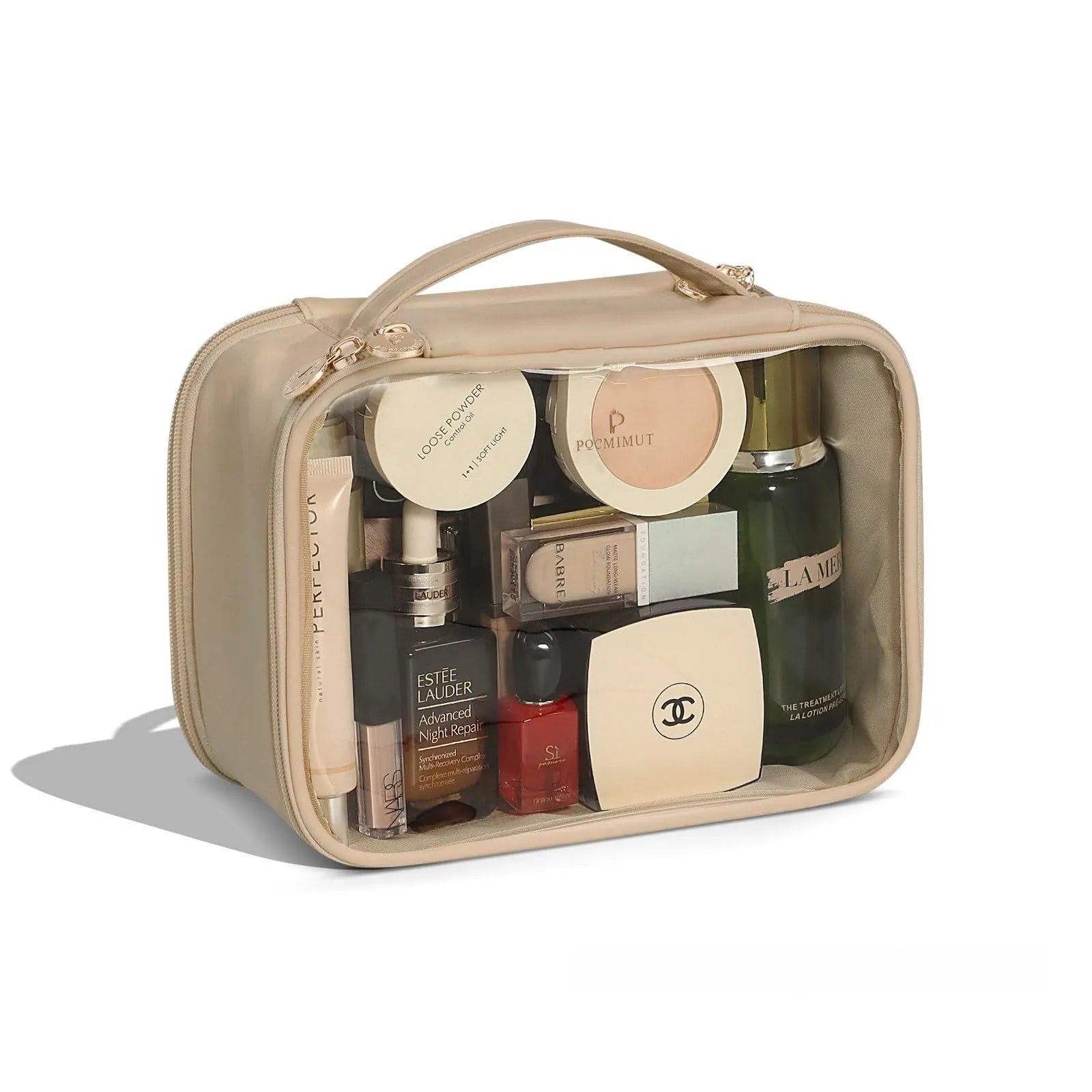 Transparent PVC cosmetic bag with dry-wet separation compartments in multiple colour options