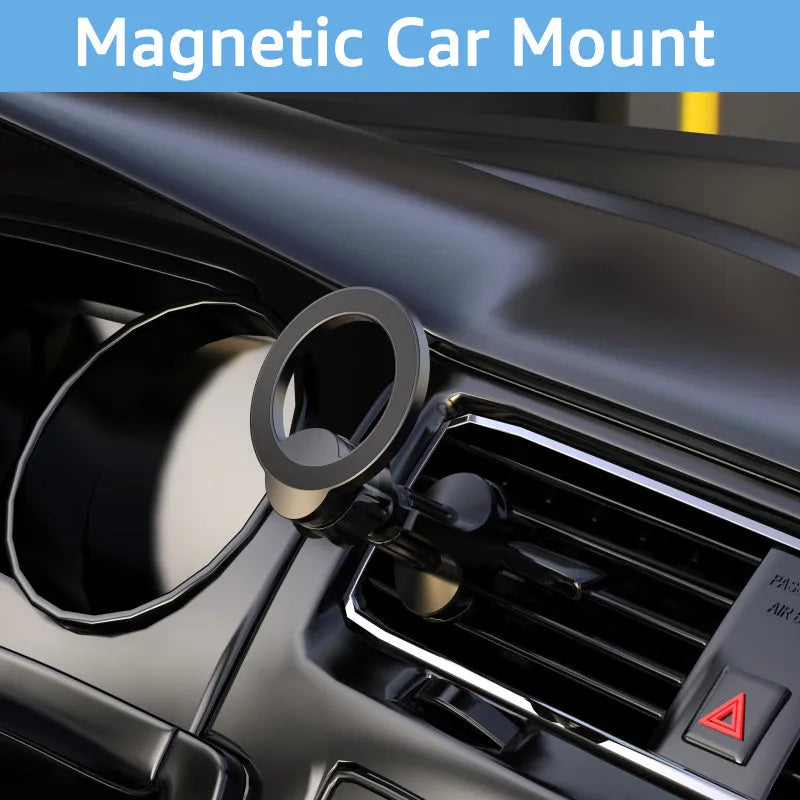 Black magnetic car air vent phone holder with O-ring bracket for mobile devices