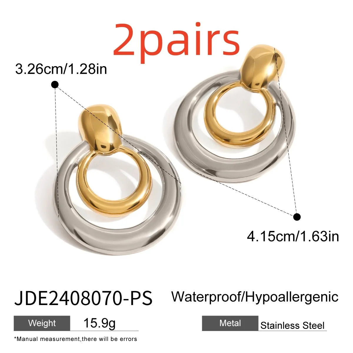 Golden titanium steel stud earrings with double-layer hollow design and round geometry shape
