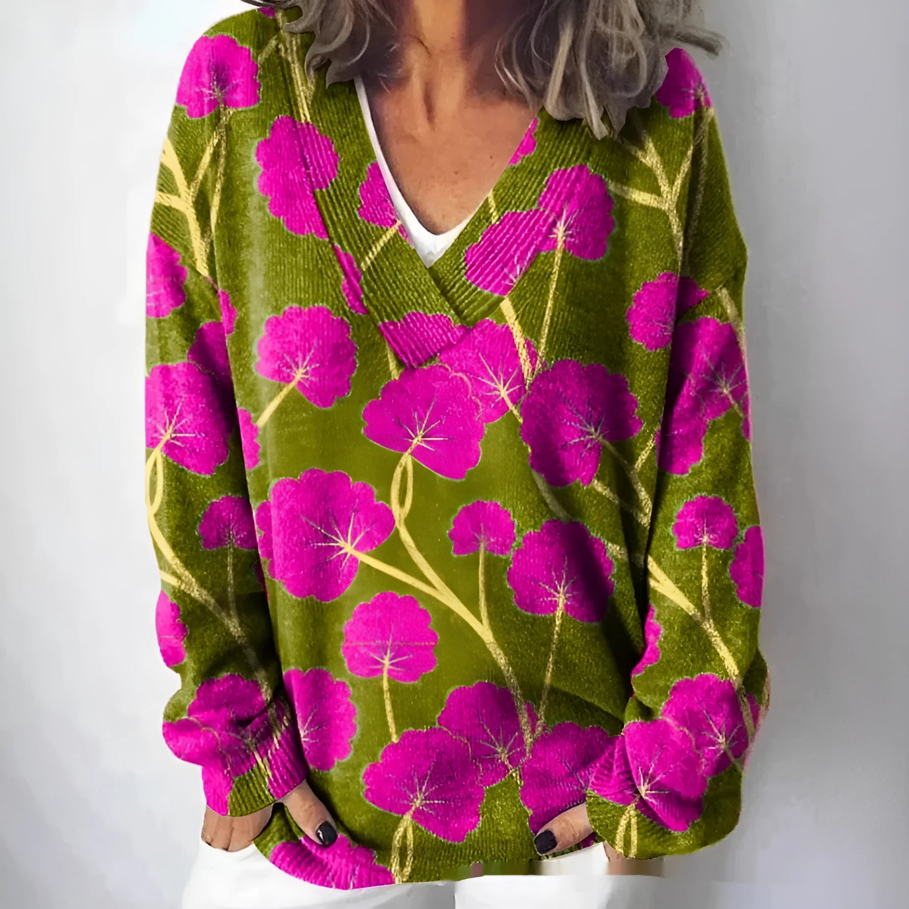 Women's V-neck sweatshirt with 3D floral print pattern on white polyester woven fabric