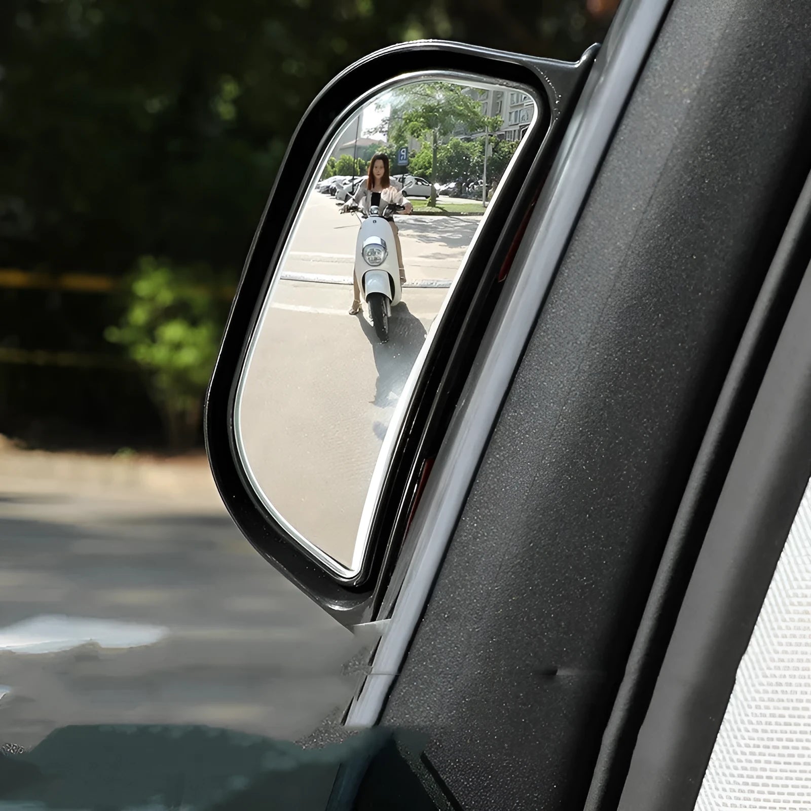 Black universal wide angle car mirror with white text, dimensions 126mm by 48mm.