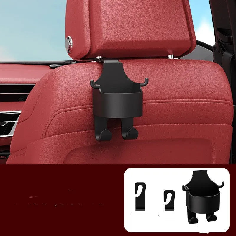 Black plastic car seat back organiser with a cup holder and a storage hook.