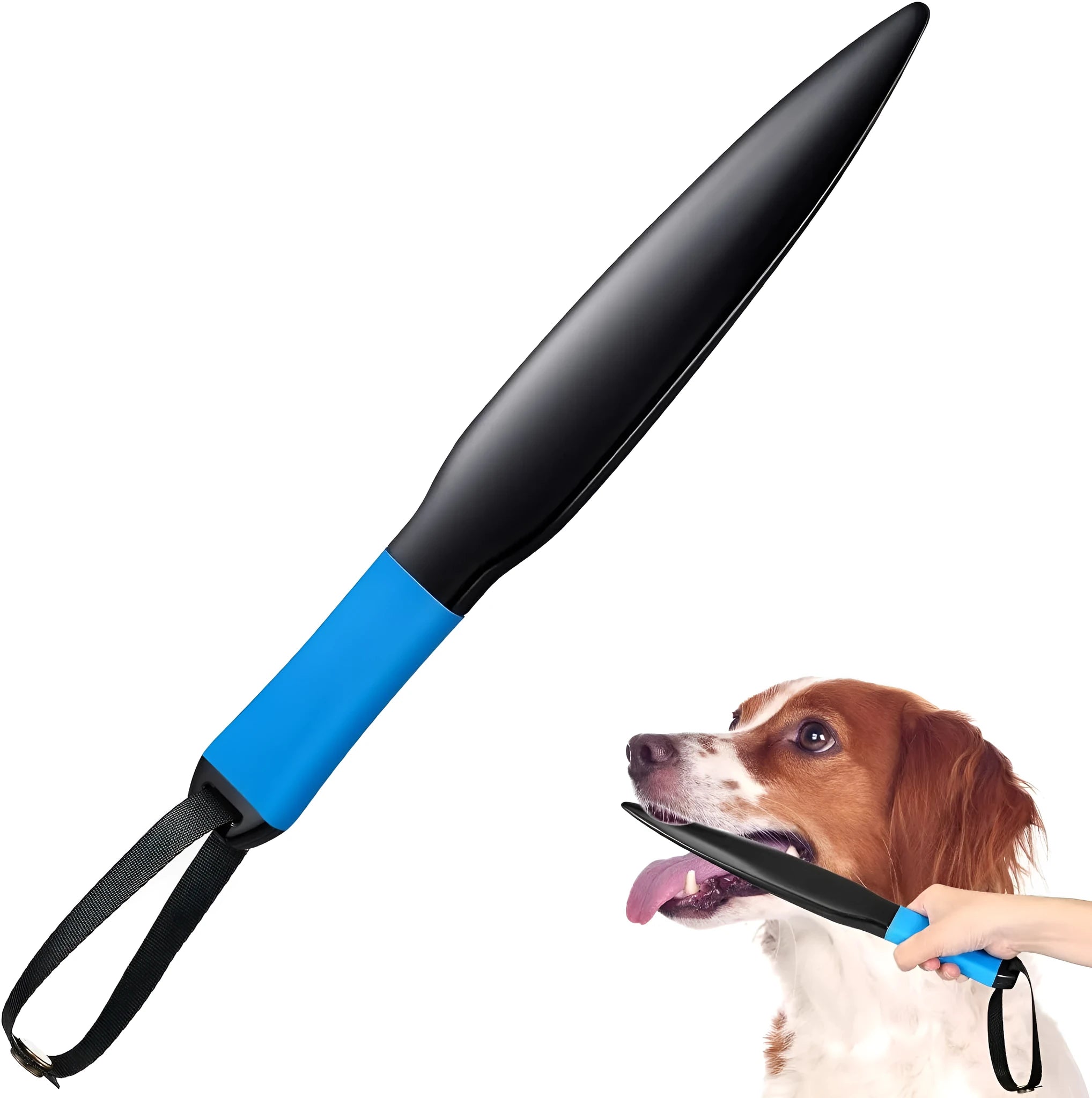 Blue handled nylon dog break stick for training, shown next to a measuring tape indicating 35 cm length.