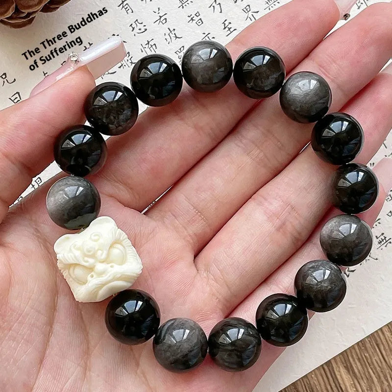 Obsidian single circle prayer beads bracelet for men with chamfered square grain detailing