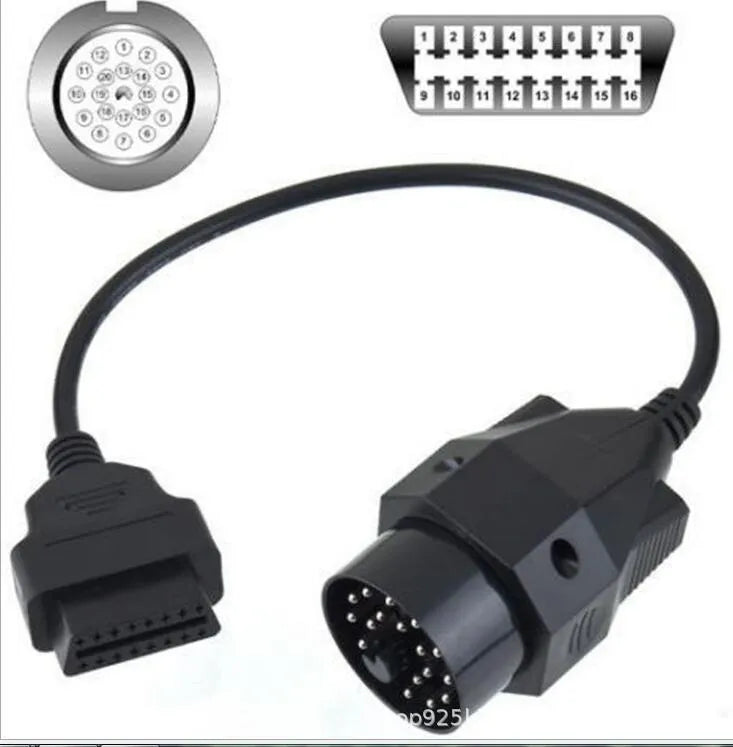 OBD2 diagnostic adapter cable with BMW 20-pin male connector and standard 16-pin female OBD2 socket