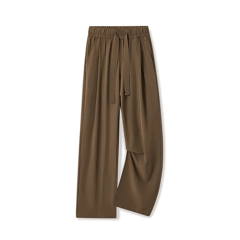 Men's quick-drying loose straight wide-leg casual trousers in black, polyester blend, drawstring waist