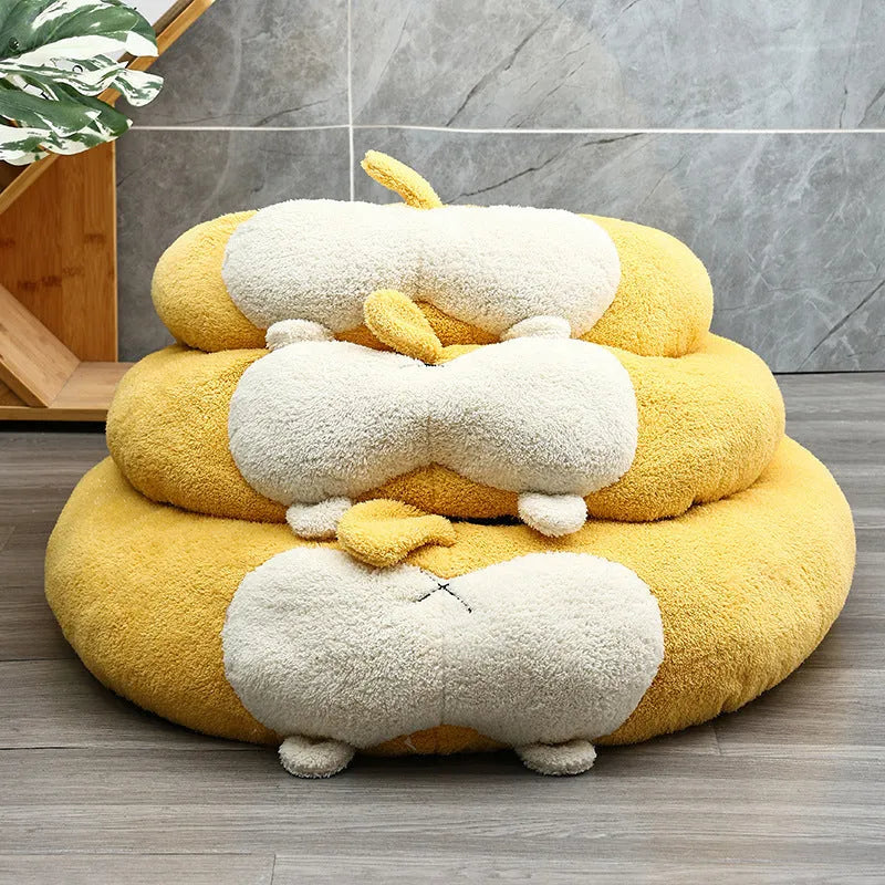 Corgi shaped plush pet bed for dogs and cats available in three sizes with PP cotton filling